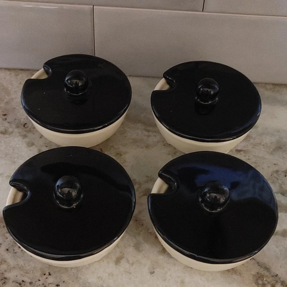 4 Vintage Condiment Bowls with Lids 3 Footed Black & Cream